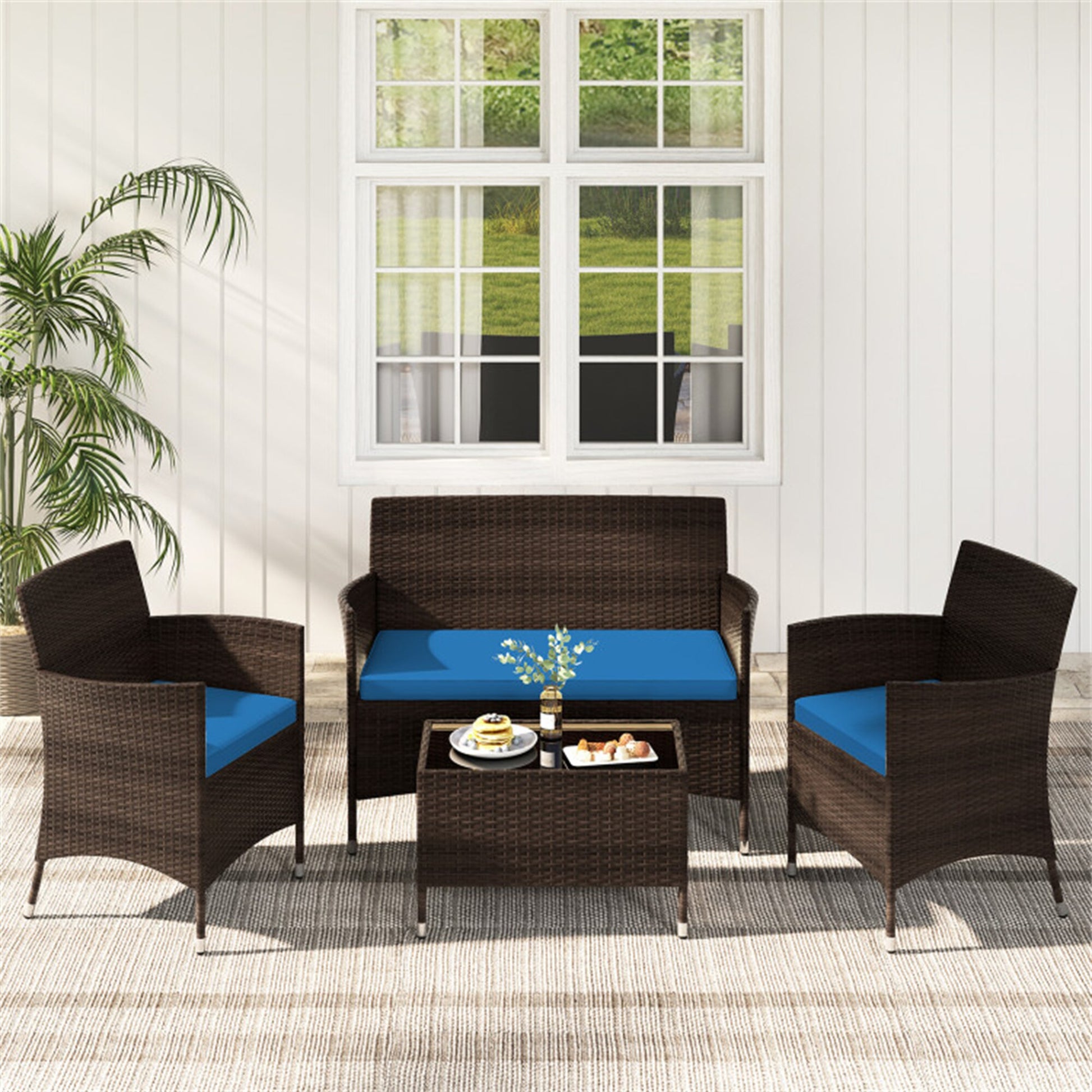 BABOOM Outdoor Furniture Set 4 -Piece Rattan Patio Conversation Set with Blue Cushions