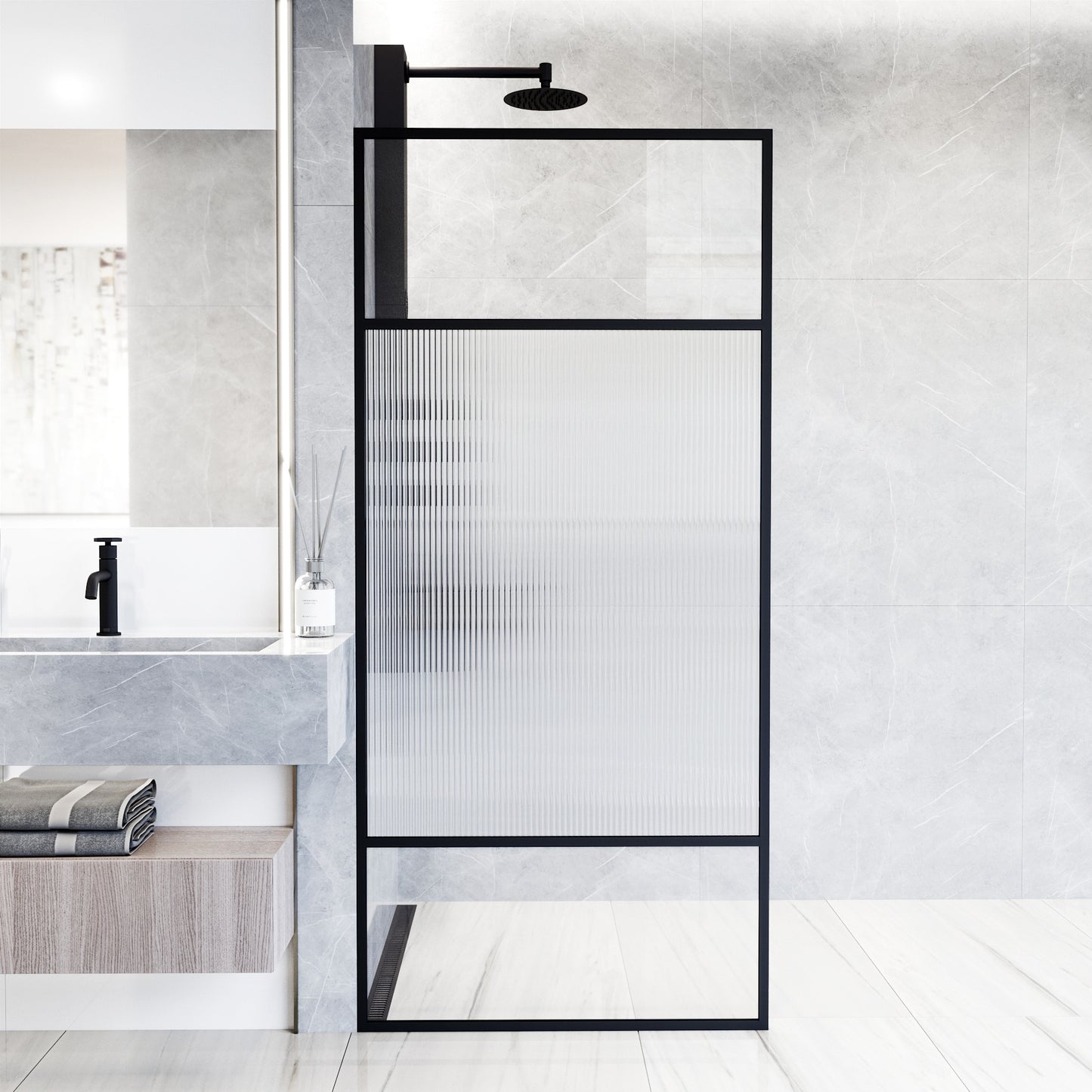 VIGO Essex Matte Black 34-in W x 74-in H Framed Patterned Glass Fixed Shower door