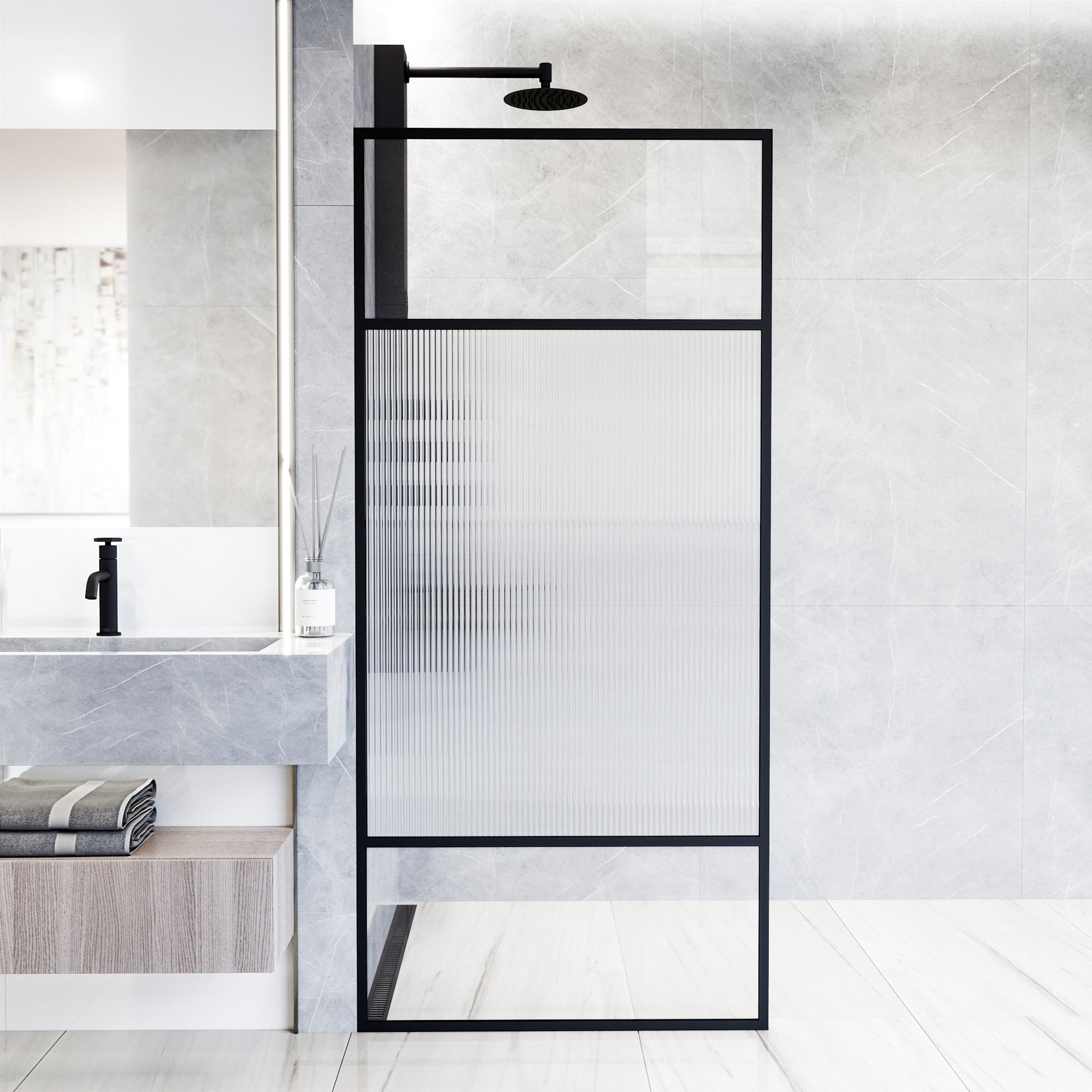 VIGO Essex Matte Black 34-in W x 74-in H Framed Patterned Glass Fixed Shower door