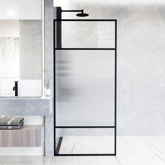 VIGO Essex Matte Black 34-in W x 74-in H Framed Patterned Glass Fixed Shower door