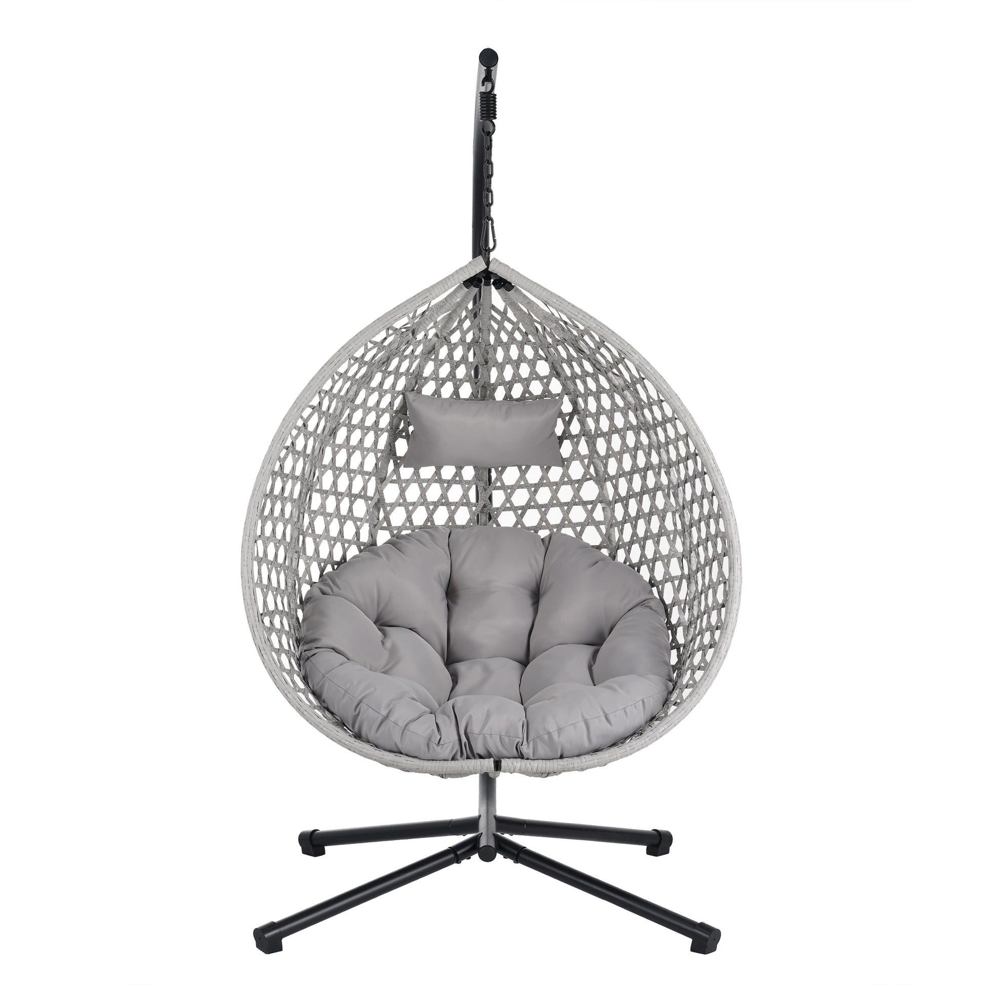 AHIOU HOME Hartford Wicker Gray Metal Frame Hanging Egg Chair with Gray Cushioned Seat