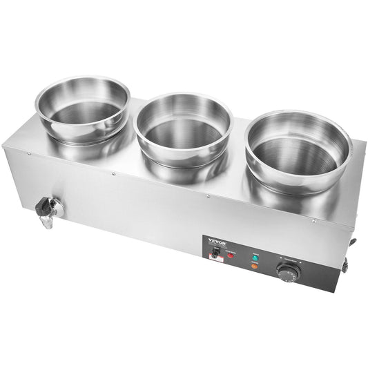 Commercial Electric Soup Warmer, 3-Pot 7.4QT Bain Marie, 86-185°F Adjustable, 1200W, Anti-Dry Burn, Buffet Food Warmer, Silver