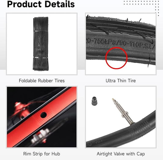 700 x 25c Road Bike Tires,Bike Tubes Presta Valve 48mm Tire Replacement with Rim Strips for Urban Rural Asphalt Concrete Hard Roads