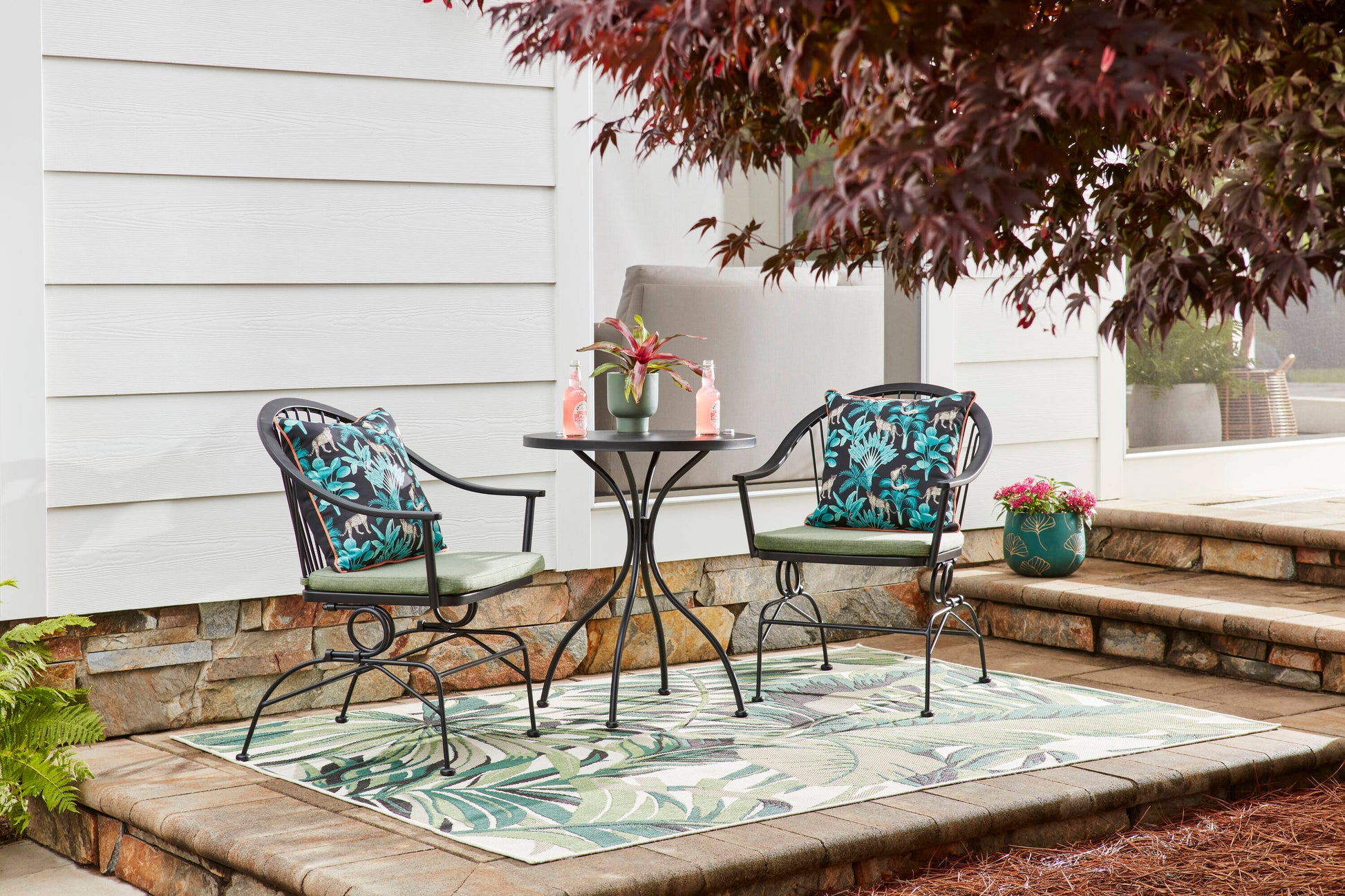 Style Selections Billings 3 -Piece Black Bistro Patio Dining Set Steel Round Table with 2 Green Cushions Spring Motion Chairs