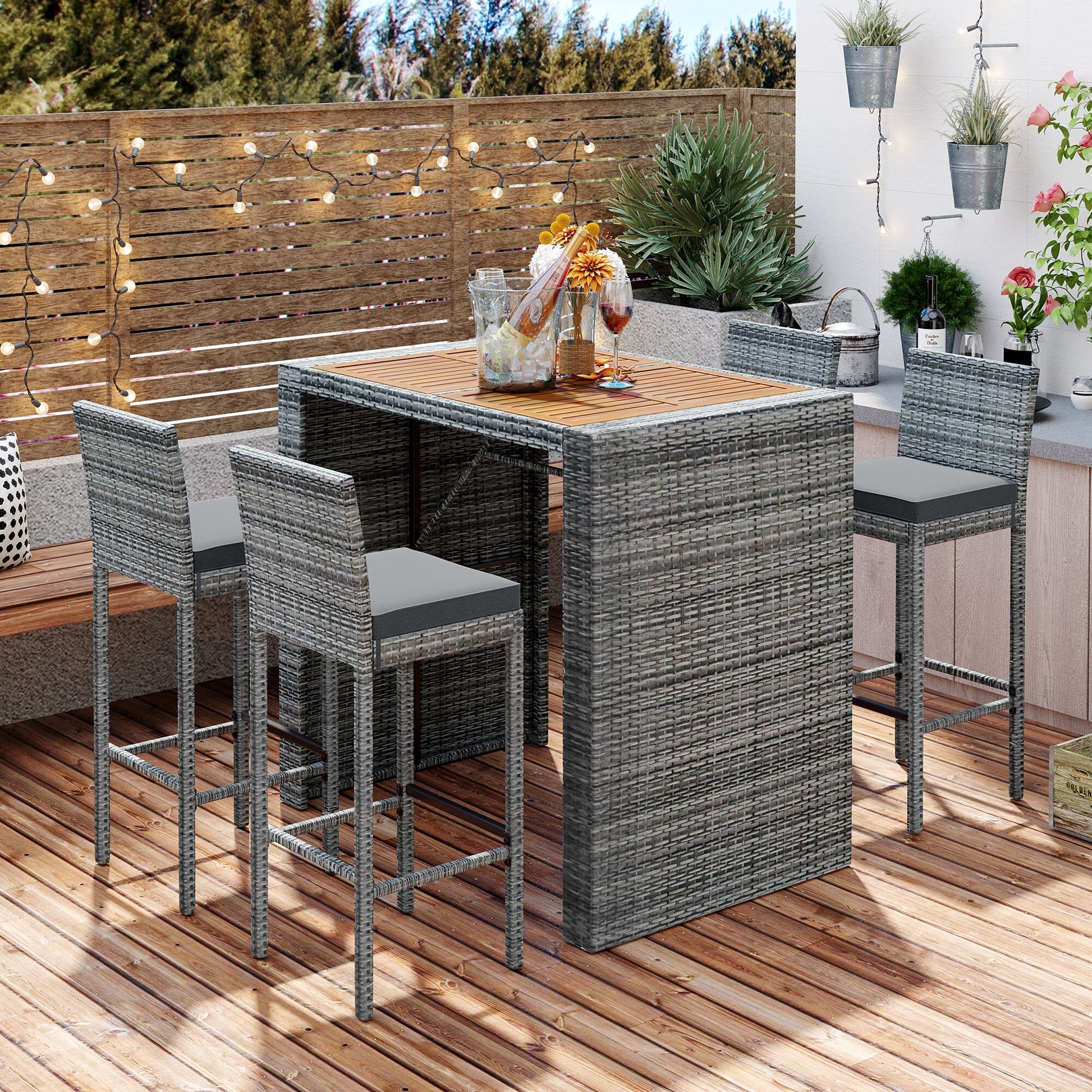 Xspracer Dining Set 5 -Piece Gray Wicker Patio Dining Set Wood Rectangle Table with 4 Gray Cushions Stationary and Motion Chairs