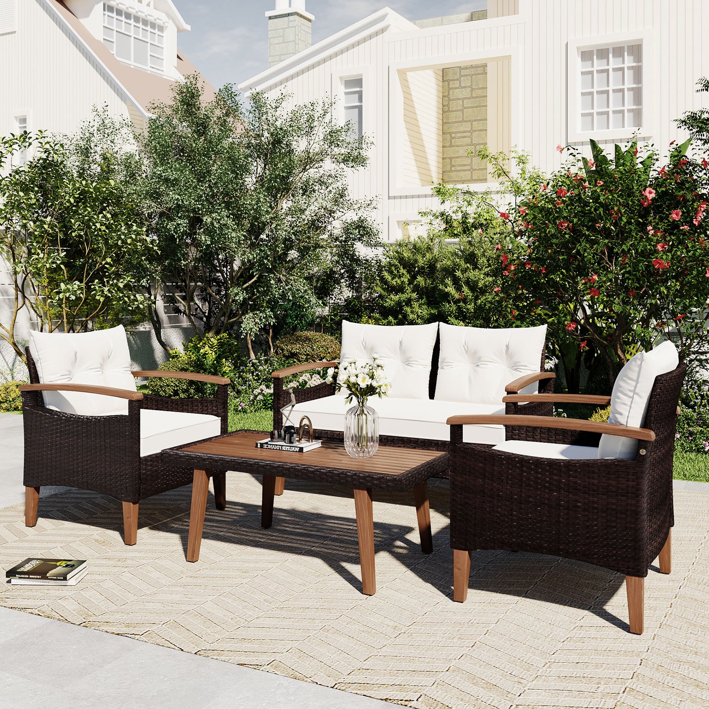 Xspracer 4 -Piece Wicker Patio Conversation Set with White Cushions