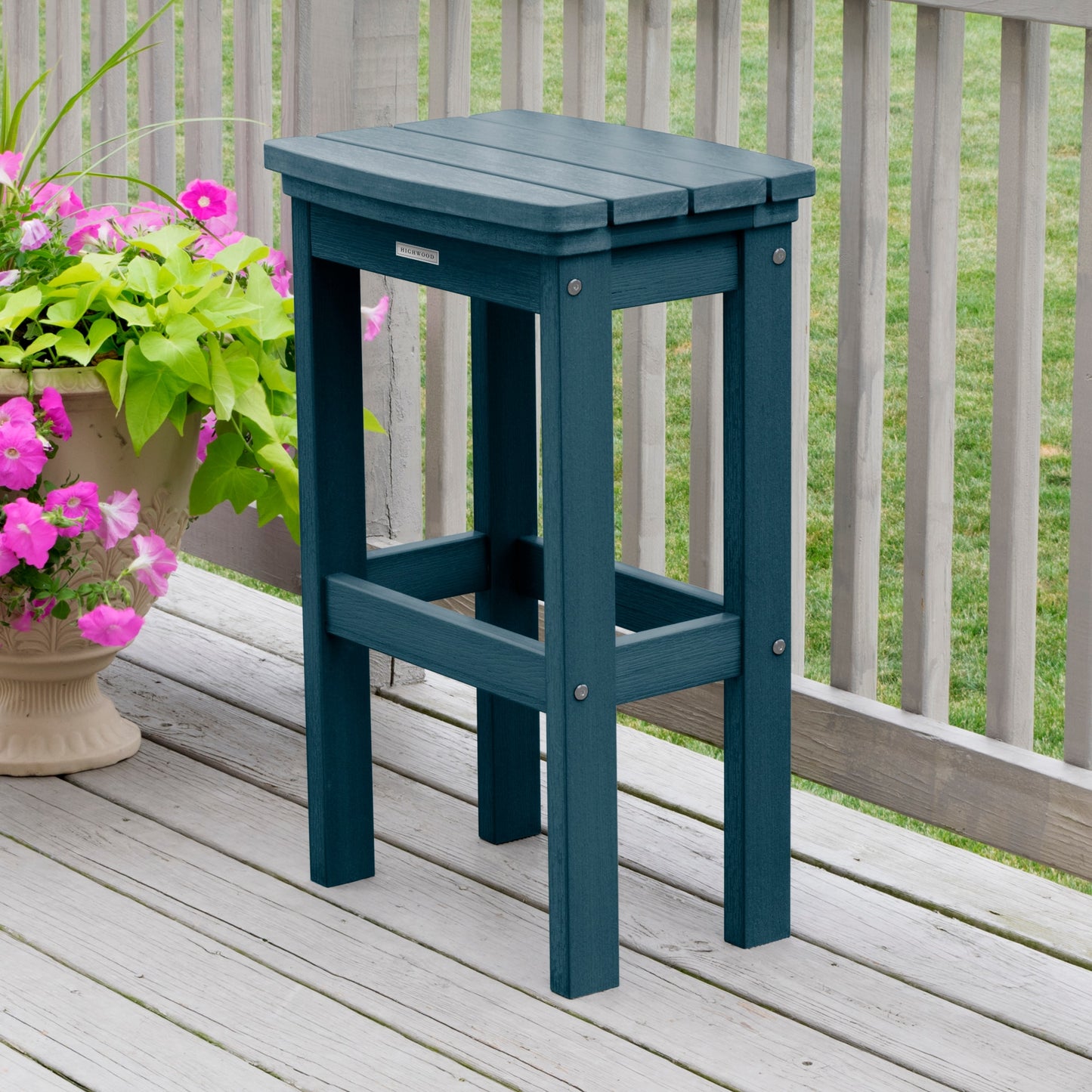 highwood The Lehigh Nantucket Blue Poly-lumber Frame Stationary Bar Stool Chair with Slat Seat