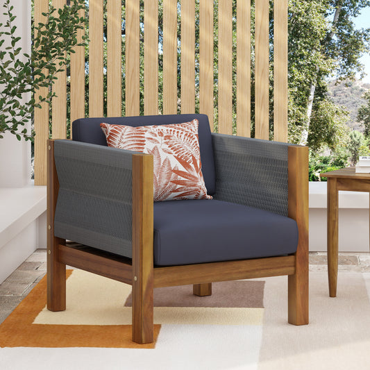 ModernLuxe AC Milan LAUREL CLUB CHAIR Rattan Teak Wood Frame Stationary Conversation Chair with Gray Cushioned Seat