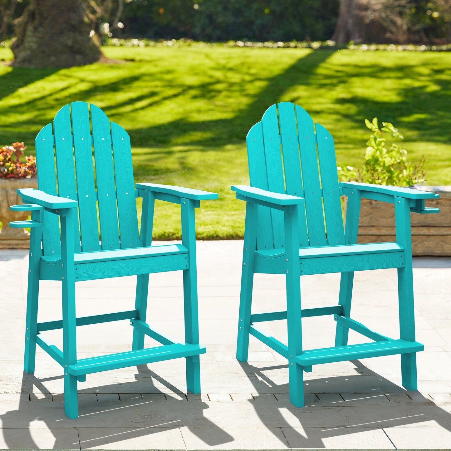 Yurevna Patio Bar Stool Set of 2 Aruba Blue Polyethylene Frame Stationary Bar Stool Chair with Slat Seat