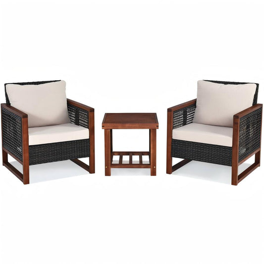 Forclover Patio Conversation Sets 3 -Piece Rattan Patio Conversation Set with Tan Cushions