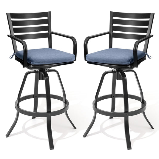 Crestlive Products Patio Sunbrella Cushion bar stools Outdoor bar height stools Set of 2 Black Aluminum Frame Swivel Bar Stool Chair with Blue Cushioned Seat