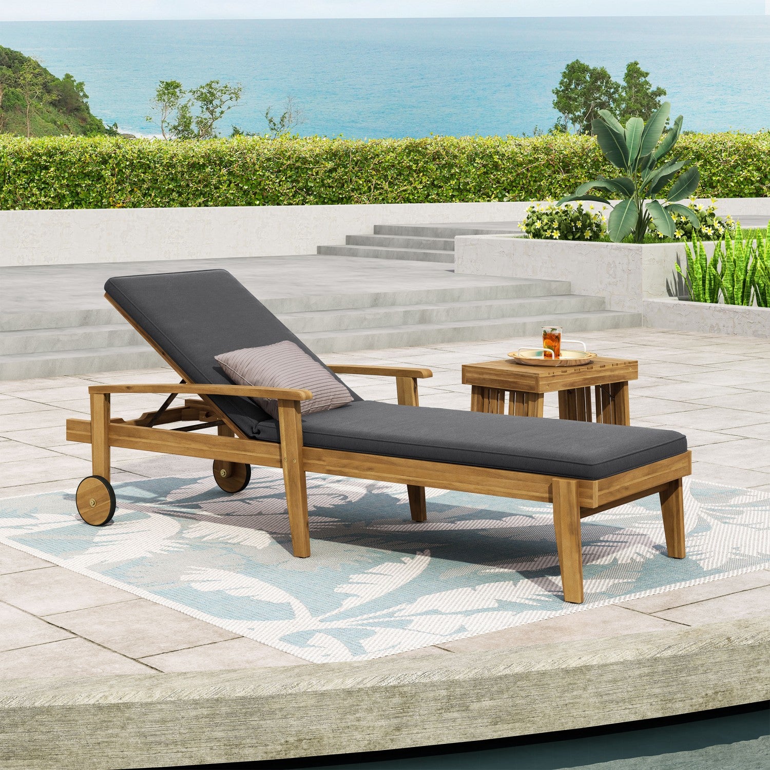 AAZJ Patio Conversation Sets Teak Wood Frame Stationary Chaise Lounge Chair with Gray Cushioned Seat