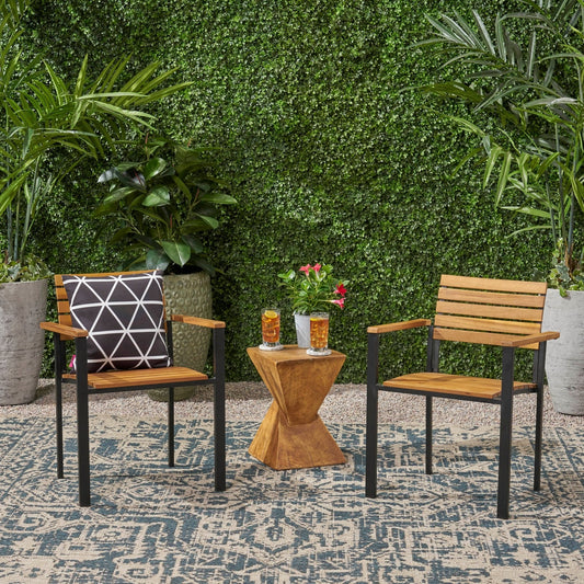 AAZJ Patio Chairs Set of 2 Teak and Black Metal Frame Stationary Conversation Chair with Slat Seat