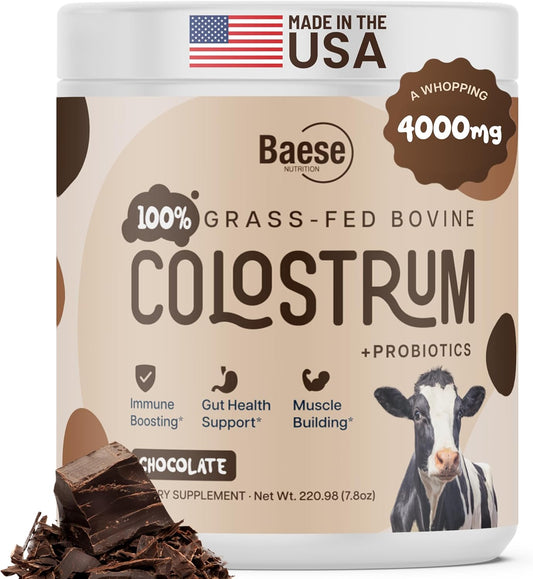 Baese Nutrition Organic Chocolate 4000mg Grass Fed Bovine Colostrum Powder + Probiotics Colostrum Supplement for Kids & Adults with Immunoglobulins (220.98 Grams)