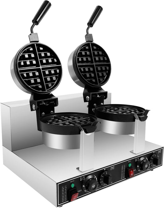 Double Head Waffle Maker Machine, 110v 2400w Commercial Electric Waffle Maker with Time & Temp Control None-Stick Stainless Steel Belgian Waffle Cooker with 180° Rotatable Handle for Restaurants