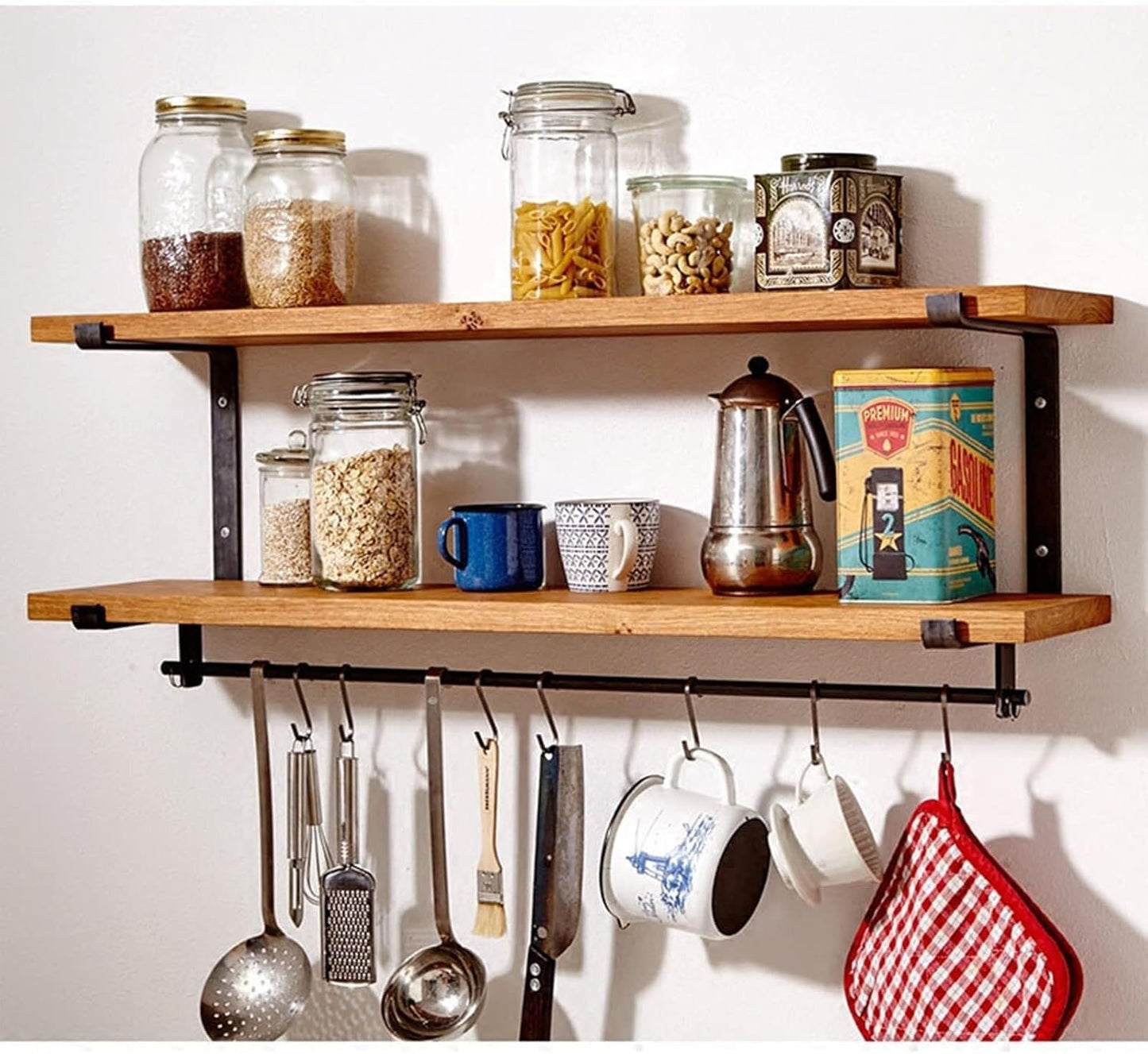 WANGYANN Kitchen Floating Wall Shelves with Hooks, Wooden Rustic Wall Shelves, Home Storage Organizer for Kitchen Appliances Display(90x20x40cm)