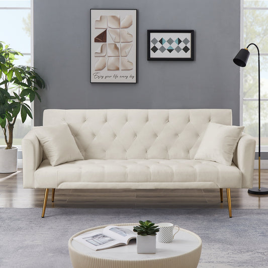 71 Inches Velvet Futon Sofa Bed with 2 Pillows,Modern Convertible Futon Couch with 3 Adjustable Backrest Angles and Gold Metal Feet,Suitable for Apartment,Living Room,Small Space,Beige