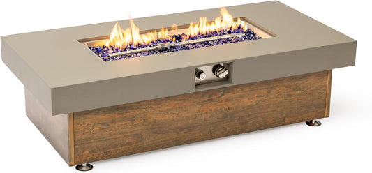 48" Propane Fire Pit Table, 50000 BTU Outdoor Fire Pit with Wood Grain Steel Table & Blue Glass Rocks, Includes Waterproof Cover for Patio, Deck, Backyard Garden