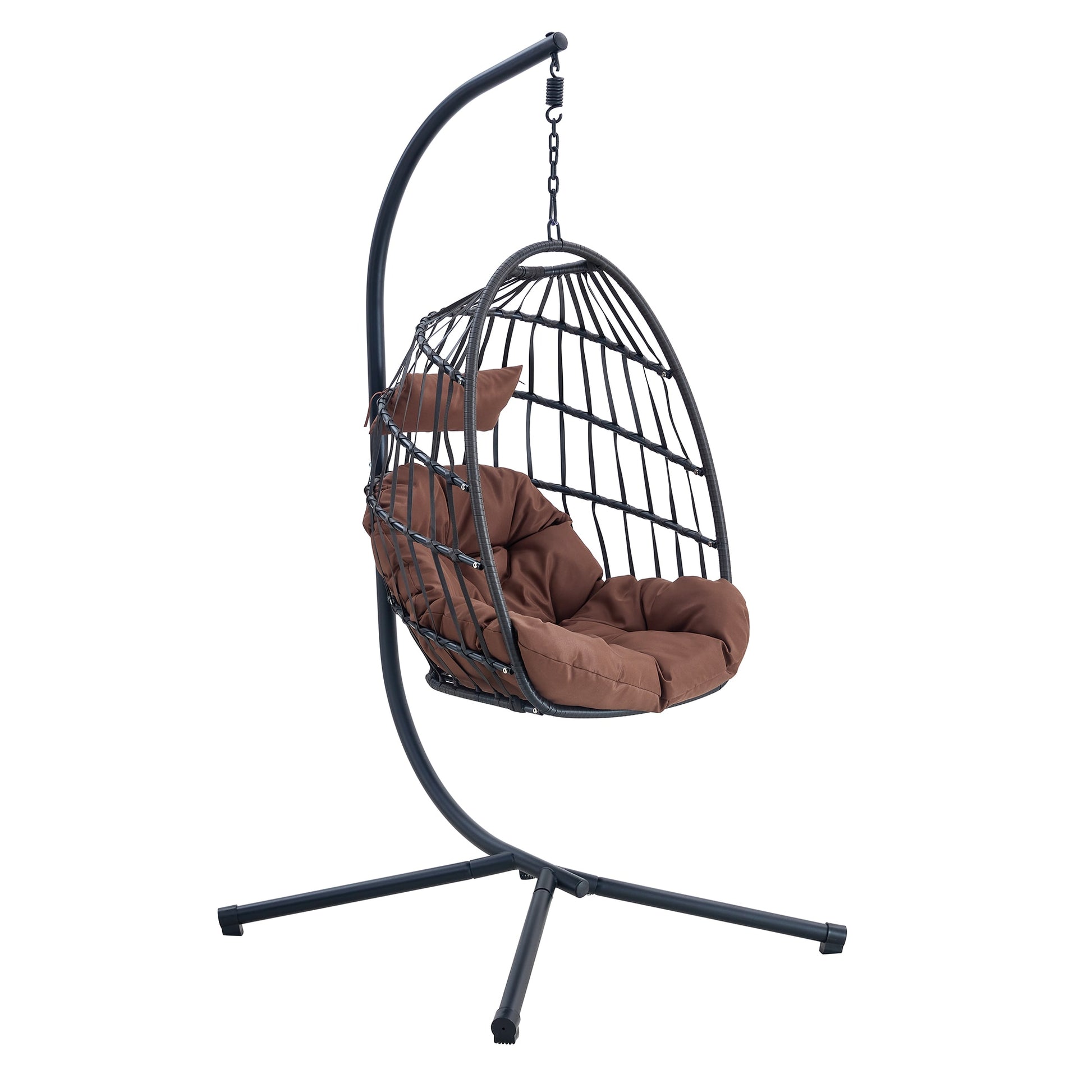 Damerin Patio Chairs Wicker Brown Metal Frame Hanging Egg Chair with Brown Cushioned Seat