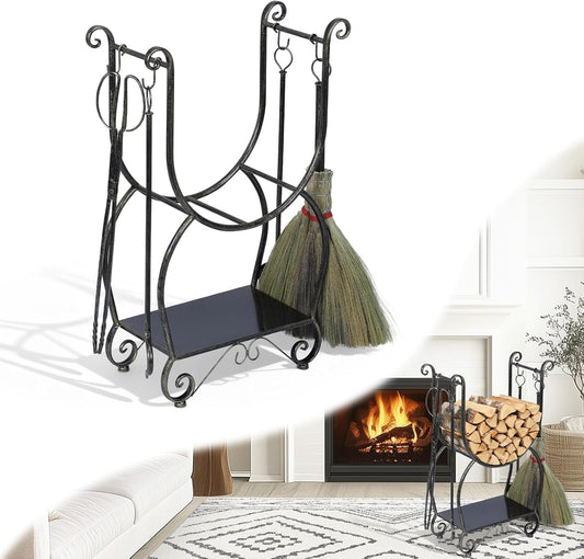 Fireside Wood Storage Organizer with 4 Fireplace Tools Black Copper Log Holder No Need To Install Firewood Rack for Fireplaces