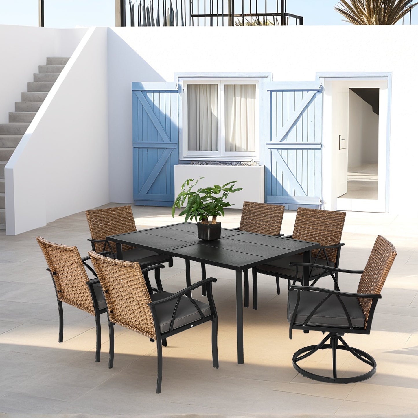 LOVMOR 7 Piece Patio Dining Set Outdoor Wicker Furniture Set for Backyard Garden Deck Poolside with 2 Cushions Swivel Rocker Chairs 4 Cushions chairs Table Top Removable Cushions