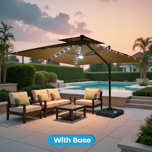 Crestlive Products 11-ft Aluminum Brown Crank Cantilever Patio Umbrella with Lights with Base