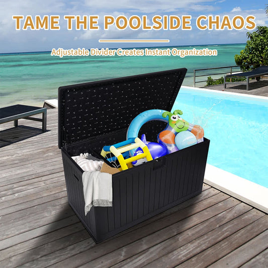 JUJABU Black Resin Outdoor Deck Box Waterproof Extra Large Patio Storage Box with Lockable for Patio Furniture Cushions