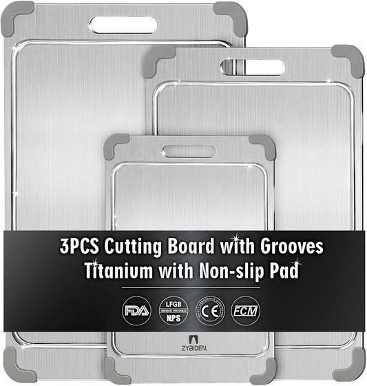ZYBIDEAL 3Pcs 100% Pure Titanium Cutting Board with Grooves, Update Double Side Titanium Chopping Board, Silicone Anti-slip Stainless Cutting Boards Set for Kitchen, Grey