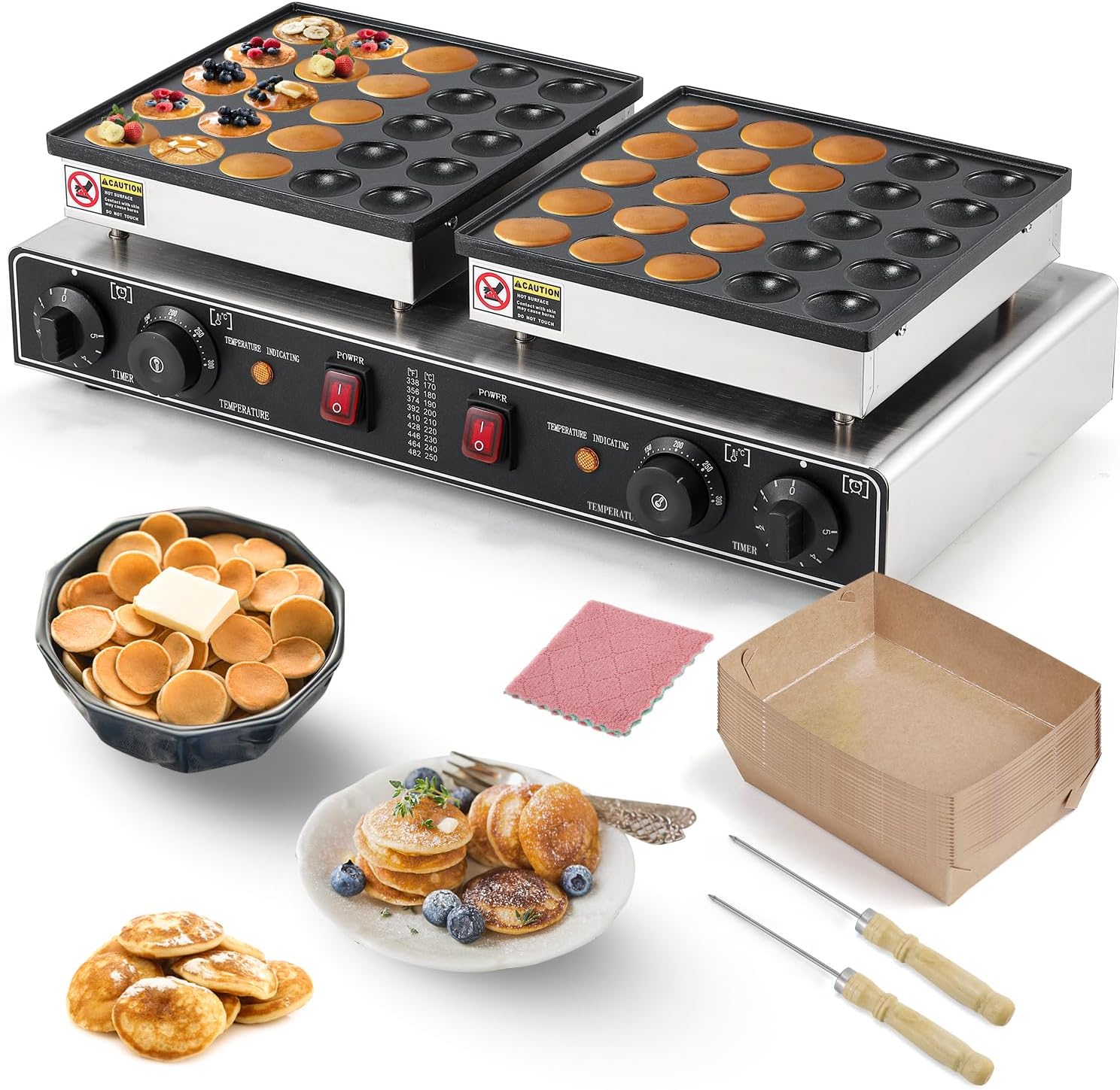 Moongiantgo Mini Pancake Maker Machine Dual Plate 50pcs, Non-Stick Commercial Dutch Pancakes Maker Stainless Steel, Electric Muffin Poffertjes Waffle Baker With Temp&Time Control For Restaurant, 110v