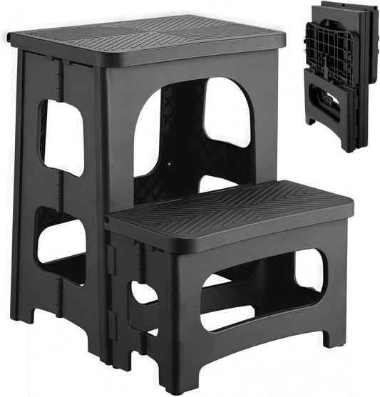 2 Step Stool Foldable, Non-Slip Steps, Folding Step stool for Adults & Kids, Plastic Step Stool Pool Ladder, Collapsible Stools 2 Step Ladder for Kitchen Toilet Bedroom Office RV, Holds 330 lbs, Black