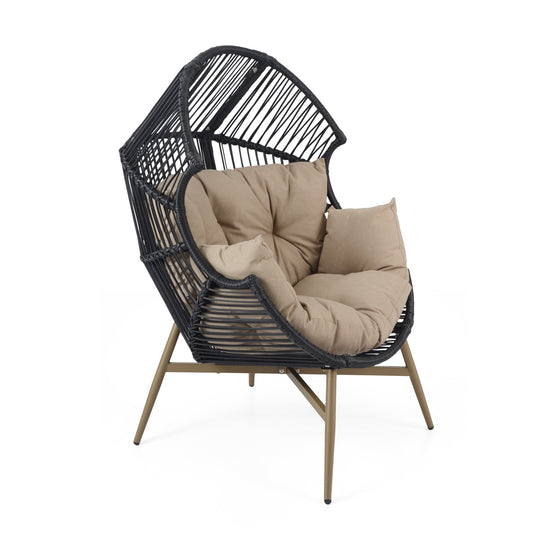 CESICIA Patio Chairs Khaki Iron Frame Stationary Egg Chair with Brown Woven Seat