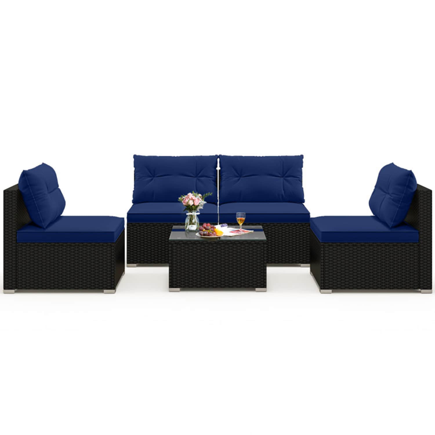 Mondawe Rattan Outdoor Sectional with Blue Cushions and Rattan Frame