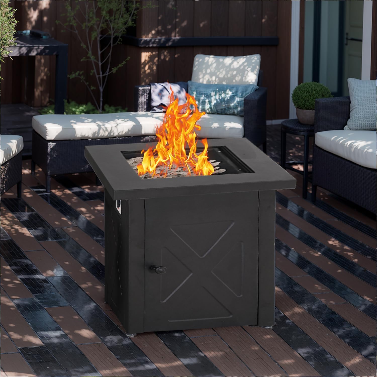 Propane Fire Pit Table 28 Inch, Square Outdoor Gas Fire Pits 50,000 BTU with Steel Tabletop, Removable Lid, Lava Rocks for Patio, Garden, Outside,Deck, Yard
