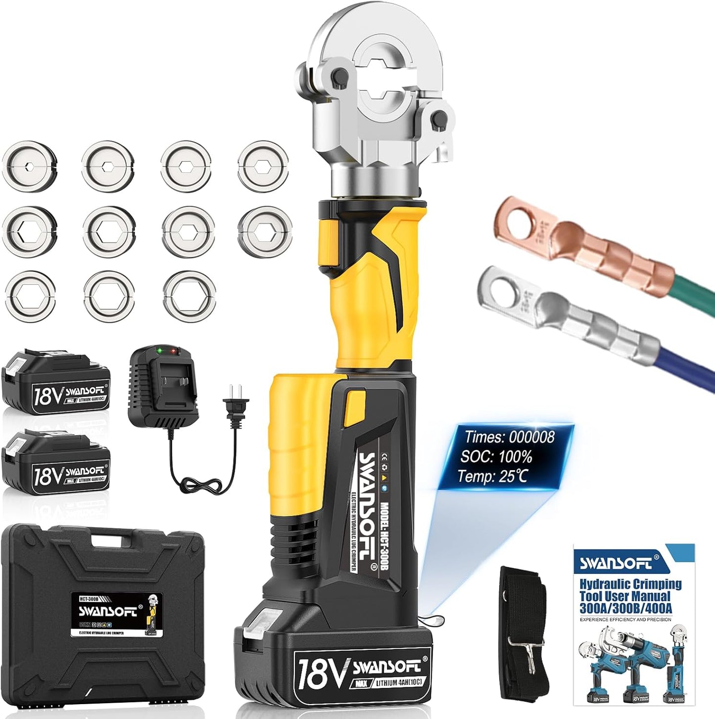 SWANSOFT Electric Hydraulic Crimping Tool,6Ton 6AWG-600MCM Rechargeable Hydraulic Crimper for Cu\/Al Terminal, Crimp 20000 Times Wire Cable Lug Crimping Tool Kit (300B-Yellow)