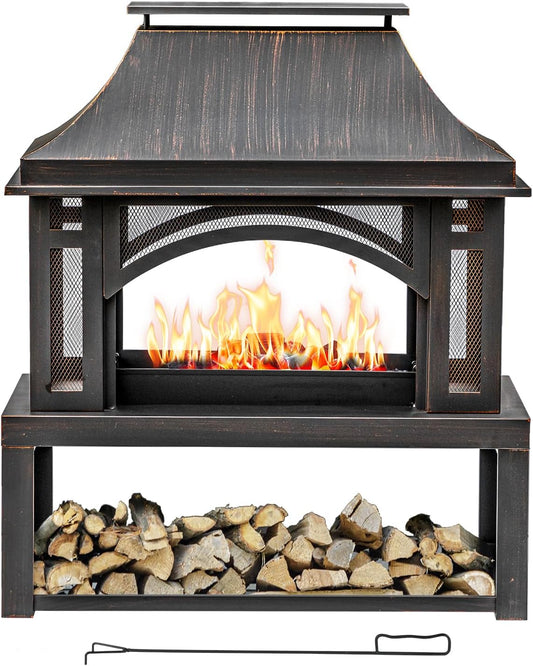 39" Fire Pits with Wood Storage for Outside, Large Wood Burning Outdoor Fireplace with Chimney, Mesh Spark Screen & Fire Poker, Idea for Backyard, Patio, Party, Camping, Picnic