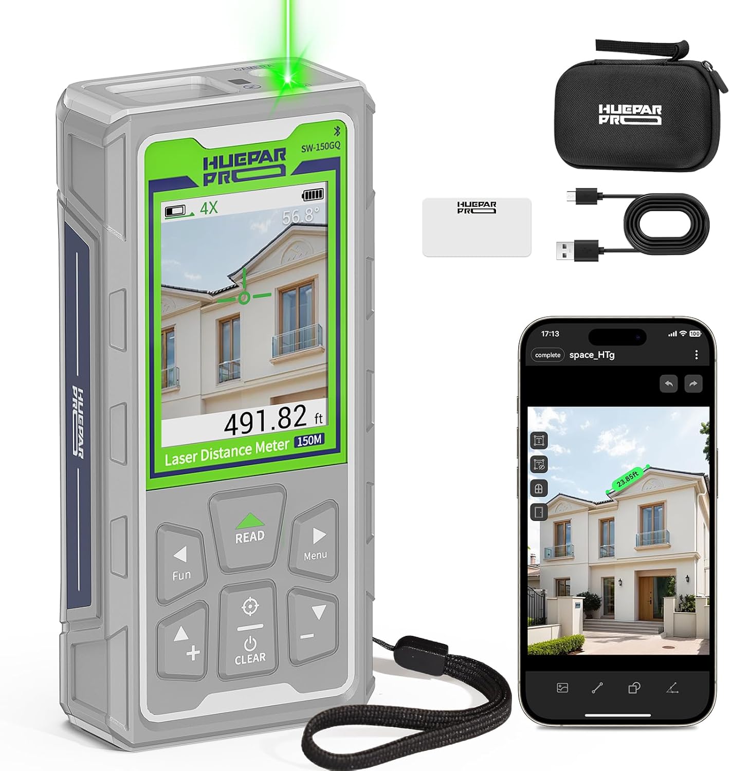 Laser Measuring Tool, Huepar Pro 495Ft Outdoor Laser Measure with Camera & Bluetooth Connected, Laser Distance Meter with P2P Technology, Free APP, IP68, Micro USB Cable, Hand Strap & Pouch - SW-150GQ