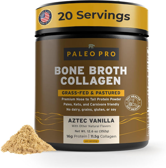 PaleoPro Bone Broth Collagen Protein Powder - Turmeric Root Grass-Fed Collagen Powder for Skin & Bones - Gluten Free, No Sugar, Soy, Grains, Net Carbs - Paleo Keto Friendly 20 Servings Aztec Vanilla
