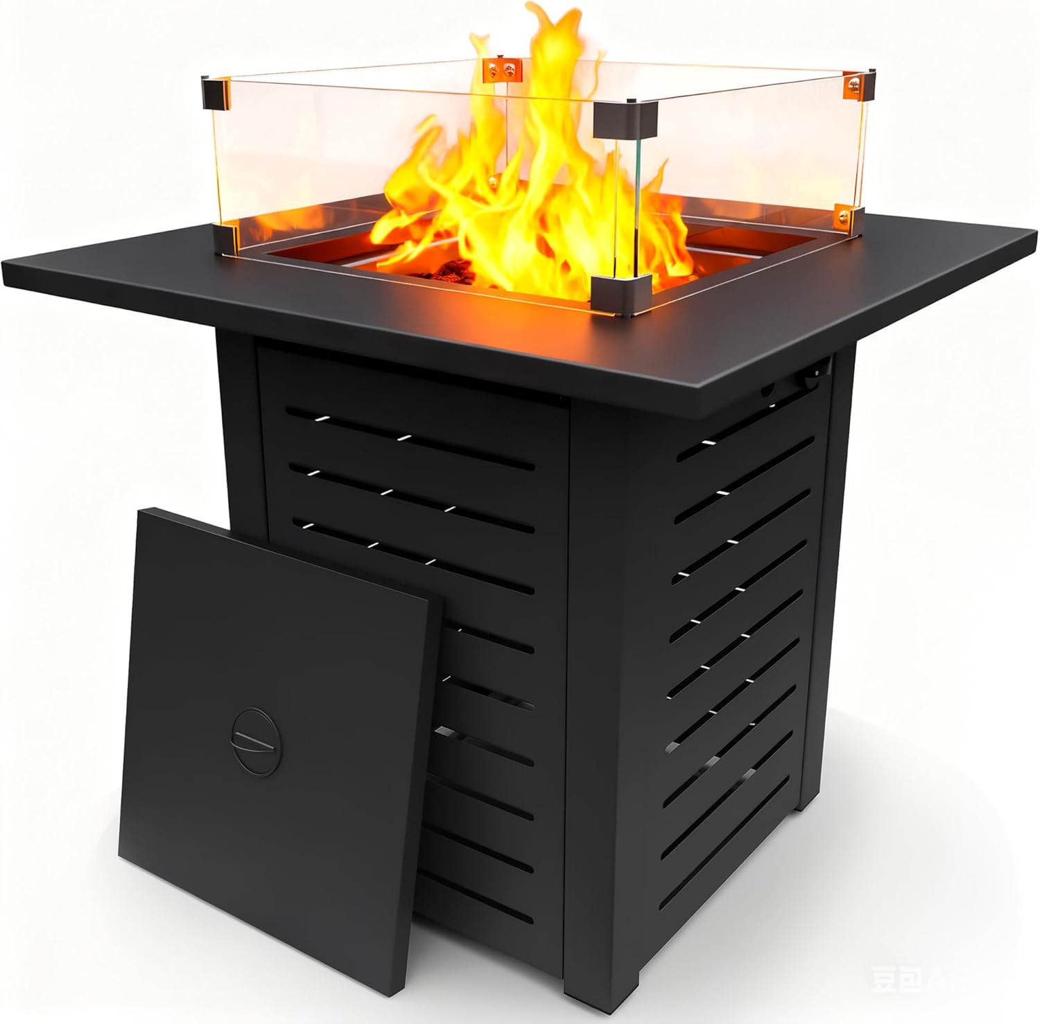 28'' Propane Fire Pit Table, 50,000 BTU Steel Gas Firepit for Outdoor Patio Deck and Garden, CSA Certified Fire Pit with Lid, Waterproof Cover, Glass Wind Guard and Lava Rock, Black