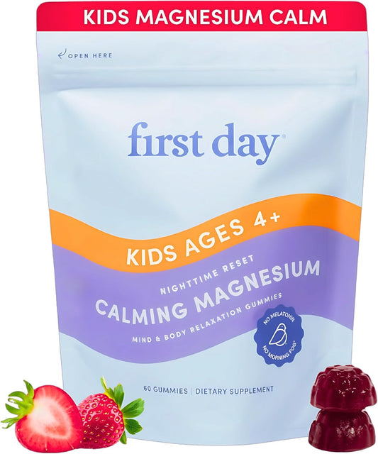 FIRST DAY Magnesium for Kids Gummies \u2013 Calm Kids Magnesium Citrate Gummies to Support Sleep & Relaxation \u2013 Bedtime Supplement with Suntheanine® L-Theanine, NO Melatonin - Strawberry - 30-Day Supply