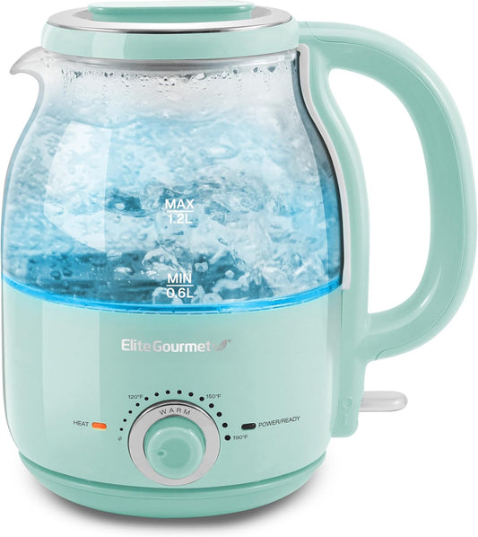 Elite Gourmet EKT1220M 1.2L Electric BPA-Free 1200W Glass Kettle, Temperature Dial Keep Warm Function, Cordless 360° Base, Blue LED Interior, Auto Shut-Off Function \u2013 Quick Boil, Mint