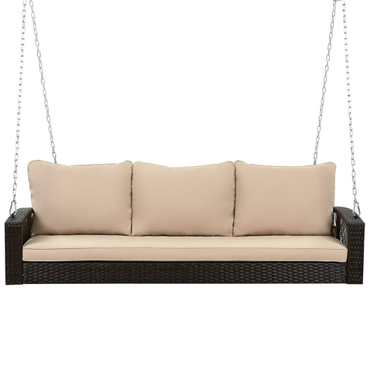AAZJ PE Wicker 3-Person Porch Swing with Chains Rattan Teak Wood Frame Stationary Conversation Chair with Beige Cushioned Seat