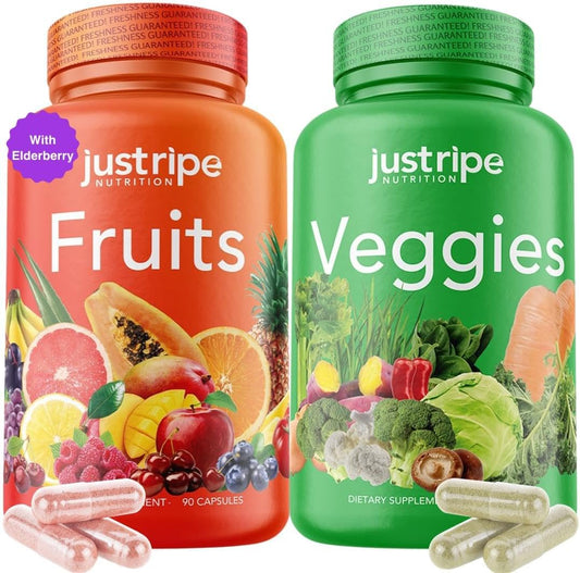 Just Ripe Nutrition Fruits and Veggies Supplement - 90 Fruit and 90 Vegetable Capsules - 100% Whole Natural Superfood - Filled with Vitamins and Minerals - Supports Energy Levels (1 Pack)