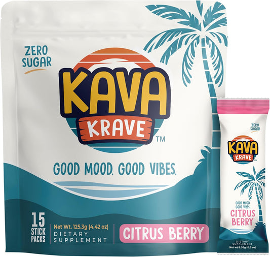 Kava Krave Citrus Berry Kava Drink Mix \u2013 15 Pack for Natural Energy, Mood Support, Stress Relief & Nootropic Focus