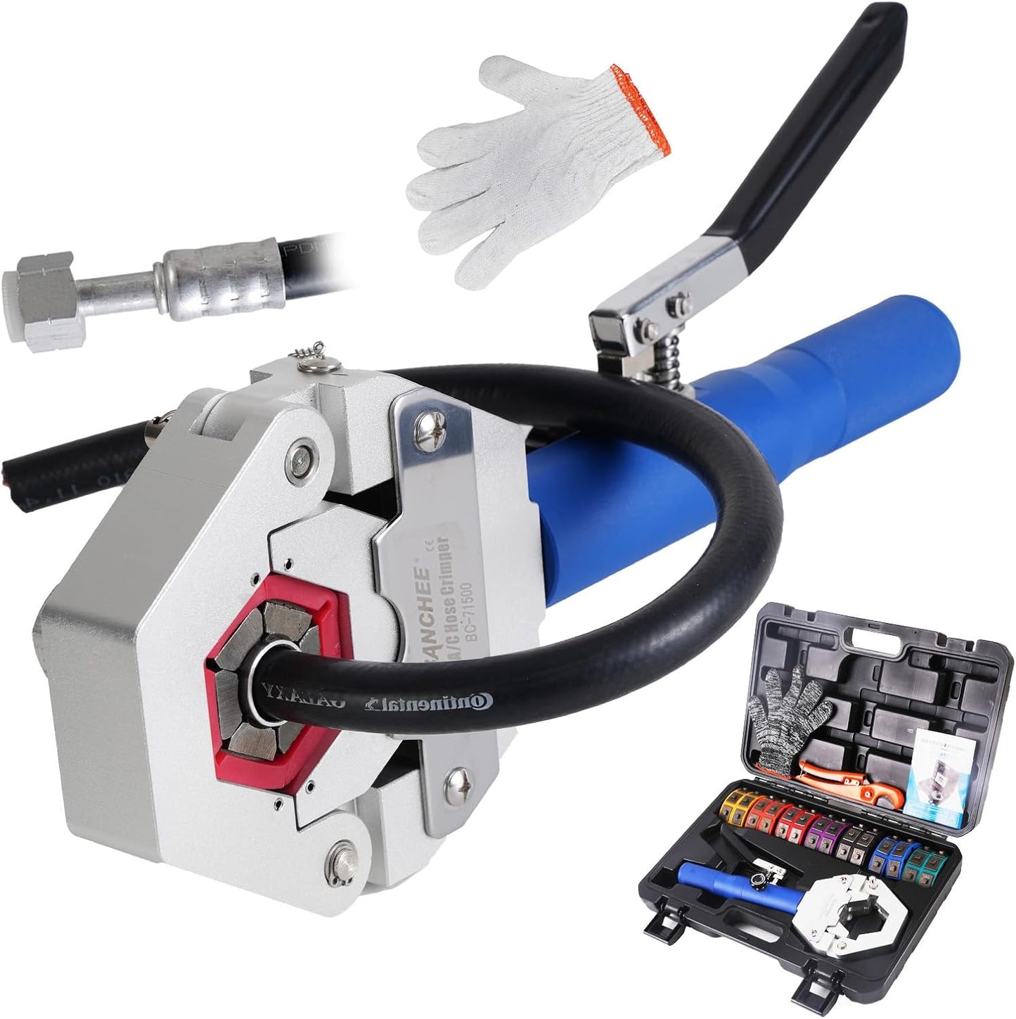 BANCHEE Hydraulic Hose Crimper AC Crimping Tool for Barbed and Beaded Hose Fittings, Air Conditioning Repaire Ac Hose Crimper with 7 Die Set（ BC-71500）