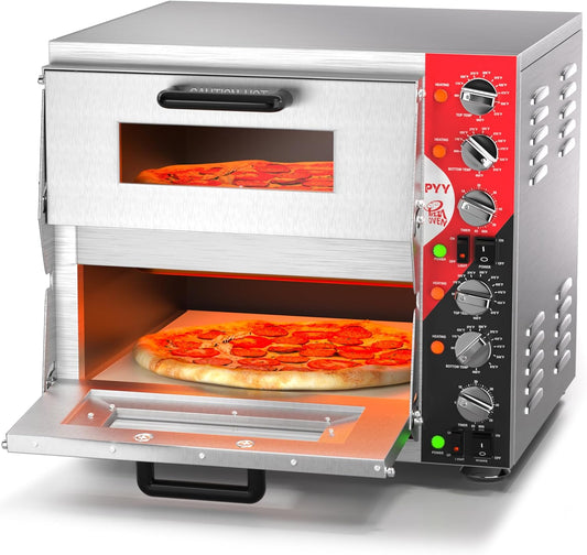 PYY 16" Indoor Electric Double Decker Pizza Oven w\/Pizza Stone for Restaurant Home,Countertop Pizza Oven with 60-min Ring Timer, Commercial Pizza Oven with 4 Large Heat Tube, 3200W, ETL listed,Grey