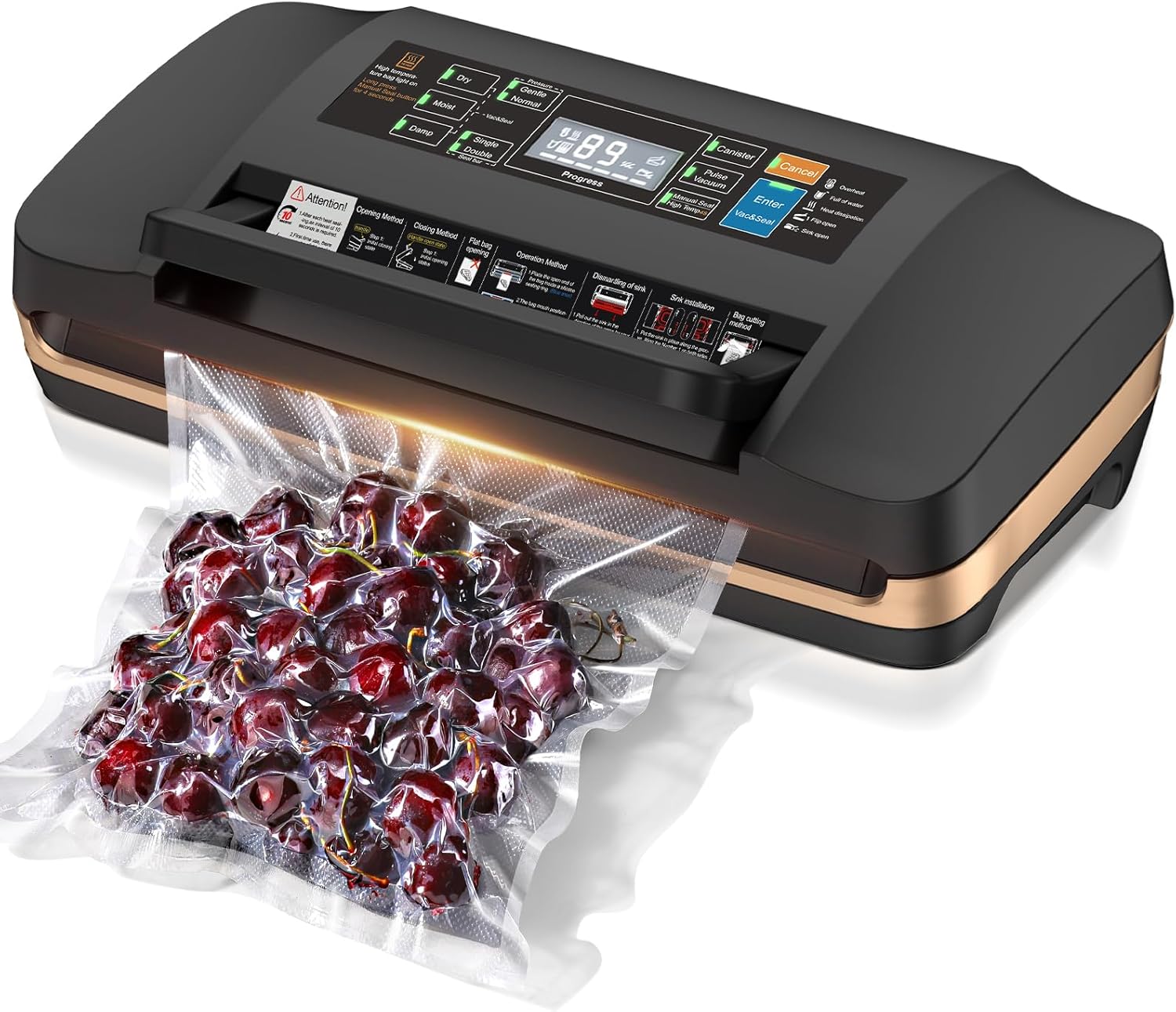 95kpa Vacuum Sealer Machine,Commercial Full Automatic Food Sealer,10-in-1 Sealing System with Double Heat Seal,Bags Storage,Easy-Lock Handle,Build-in Cutter,1 Bag Rolls and 10 pcs Pre-cut Bags（Black）