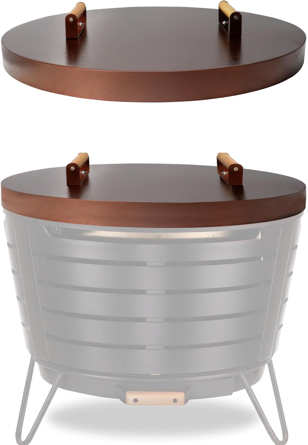 25.5” Round Fire Pit Lid – Bronze Coated fire pit cover round metal for Outdoor Fireplace 16 Gauge Steel Flat Fire Pit Burner Pan Cover with Wooden Handle Snuffer Lid for Round Patio Fire Pit
