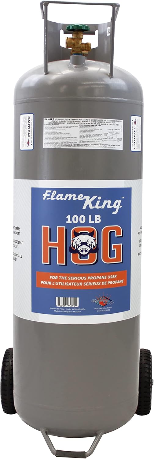Flame King 100LB Empty Propane Tank with Wheels, Horizontal & Vertical LP Cylinder with Built-in Gauge for Fire Tables, Fire Pits, Patio Heaters, Barbeques, Lunch Trucks, Weed Torches & Truck Campers