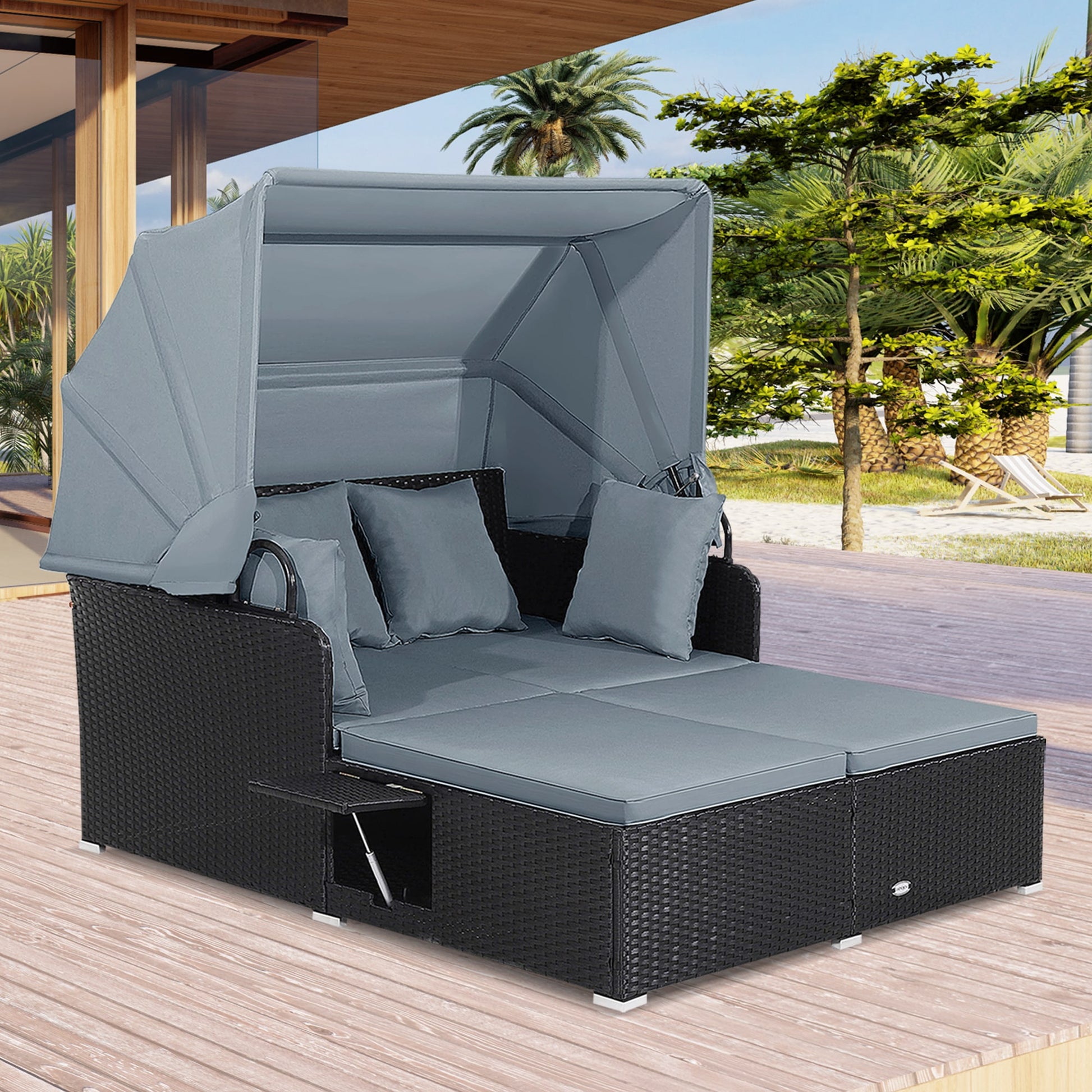 LIVIZA Jovial Rattan Outdoor Daybed with Gray Cushions and Rattan Frame