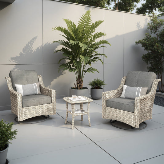 weaxty Aireno Set of 2 Wicker Black Steel Frame Swivel rocker Conversation Chair with Gray Cushioned Seat